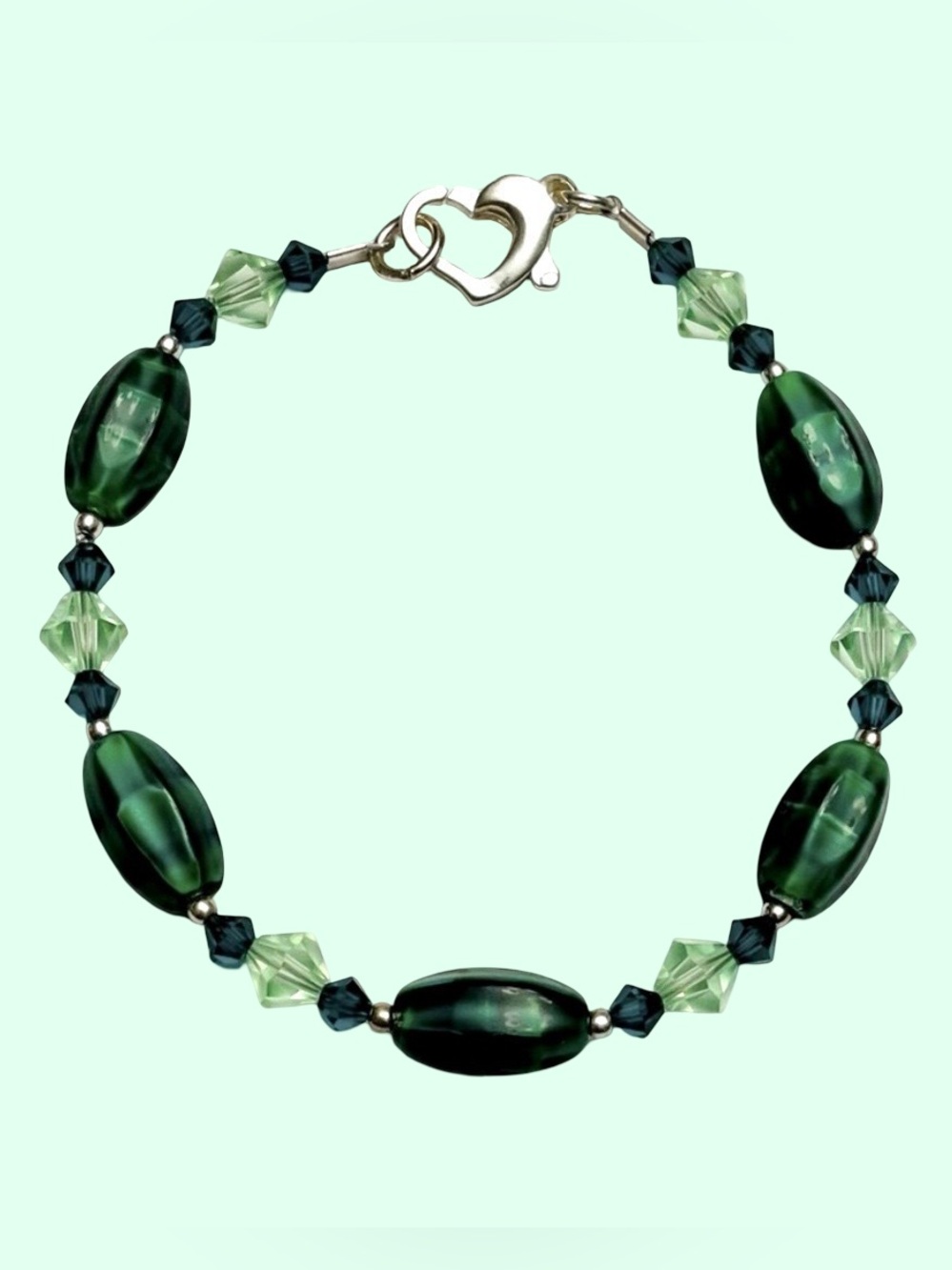 Vintage Artisan Glass Bead Bracelet With Swarovski Crystals & Sterling Silver